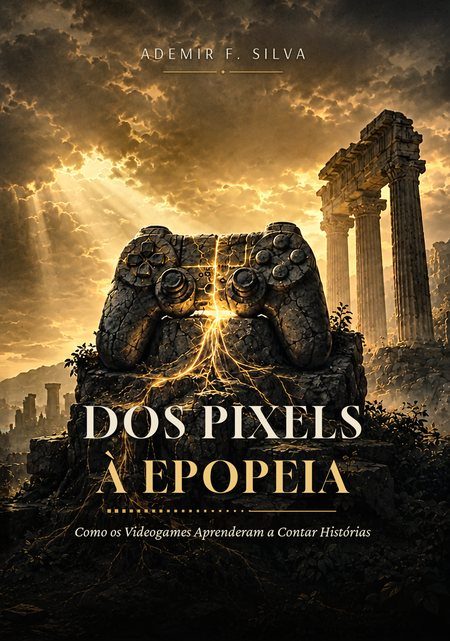 Capa de Dos Pixels à Epopeia: um controle de videogame esculpido em pedra entre ruínas gregas ao entardecer.