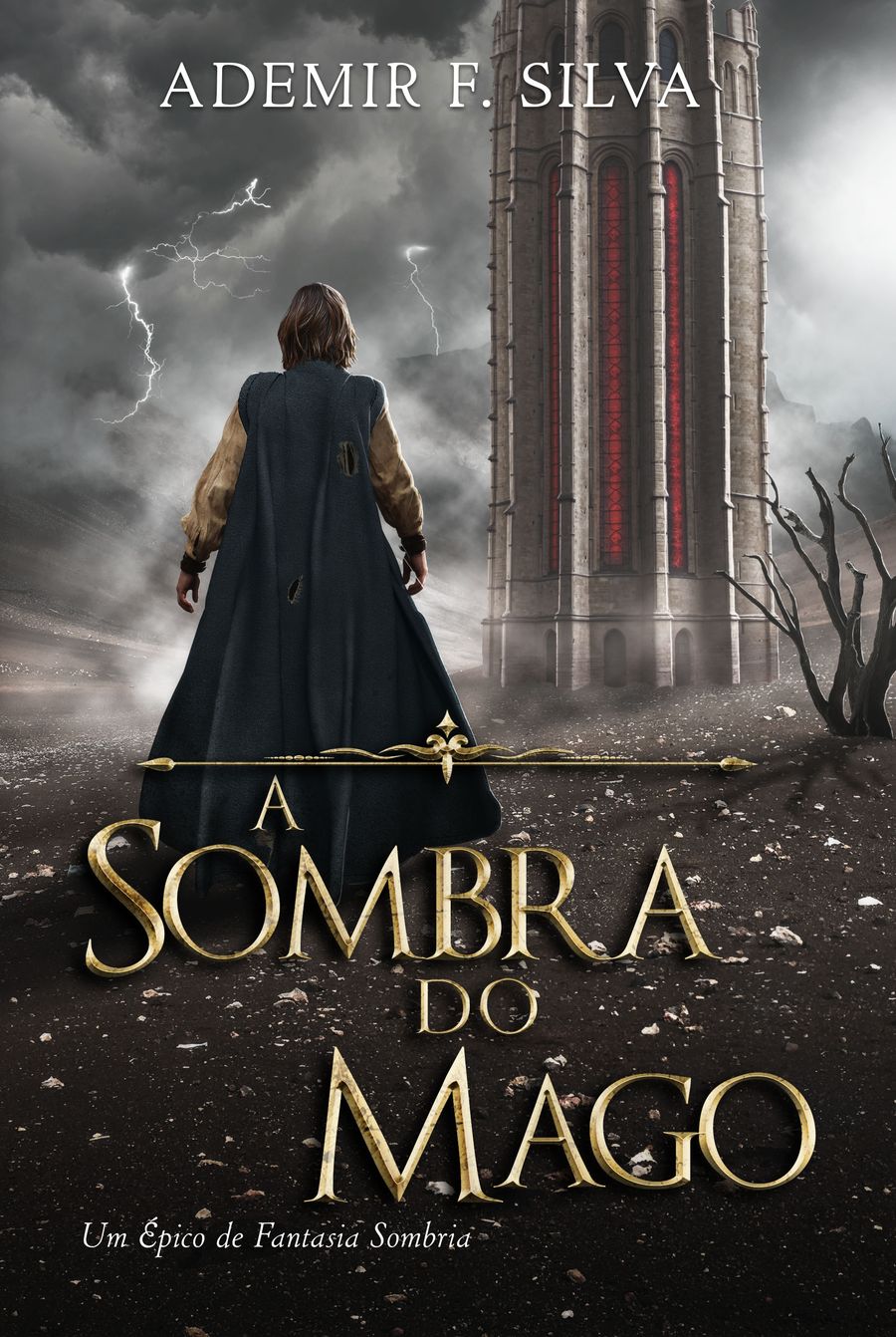 Capa de A Sombra do Mago: um homem de capa escura, de costas, caminha em direção a uma torre de pedra sob um céu carregado de tempestade.